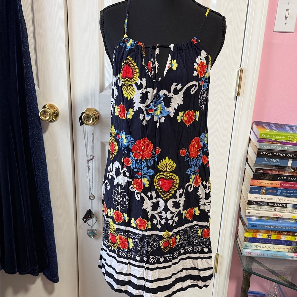 Elegant Floral dress with Red and Blue Accents